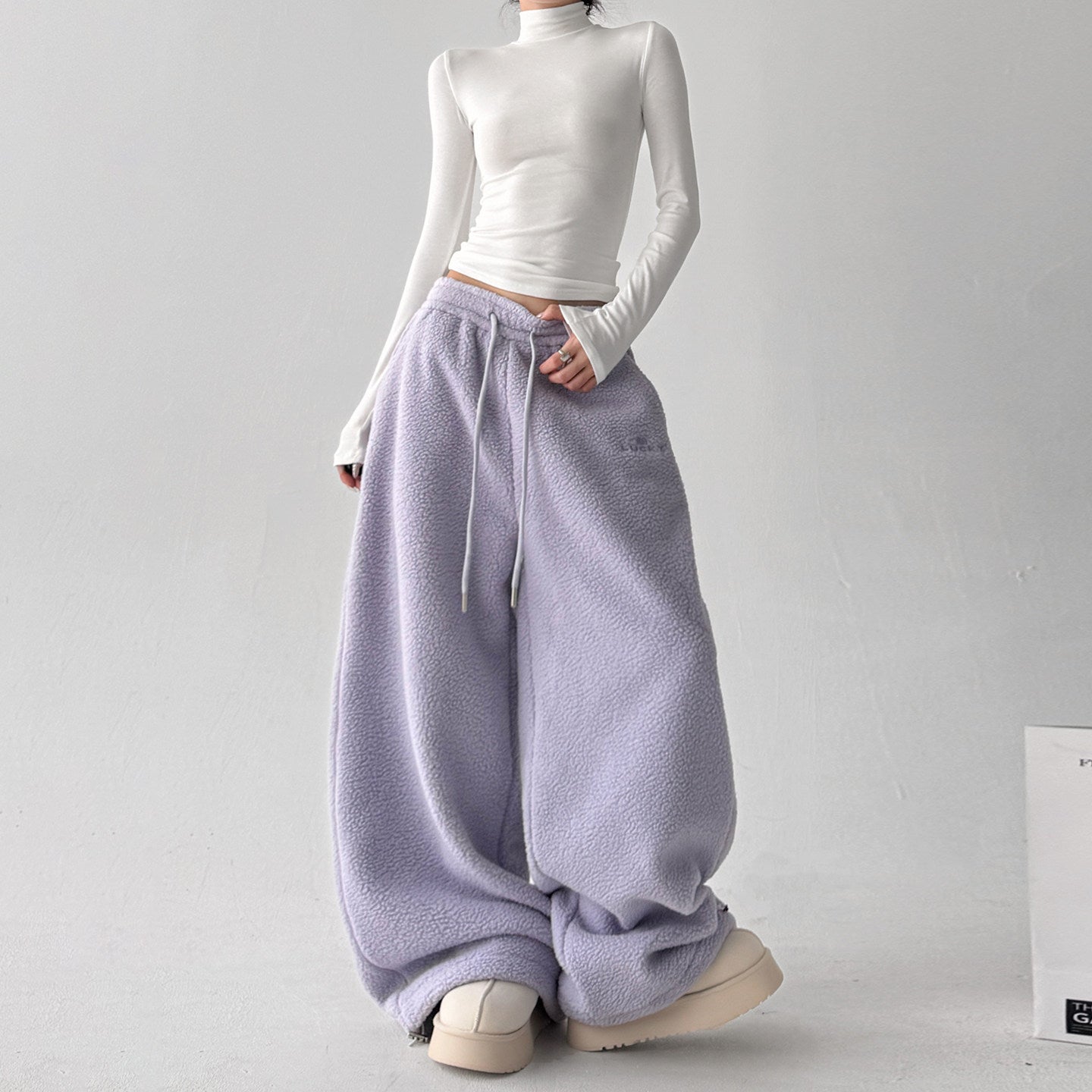 Purple fleece pants casual elongated pants