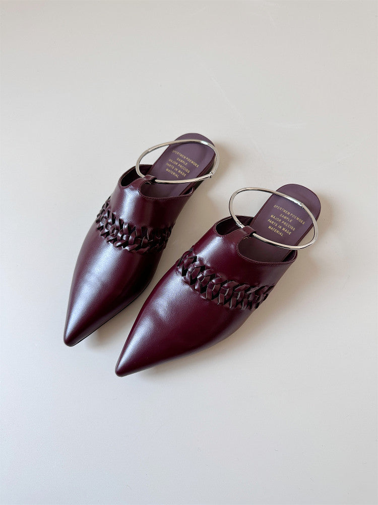 Red leather sandals women's low heels pointed shoes