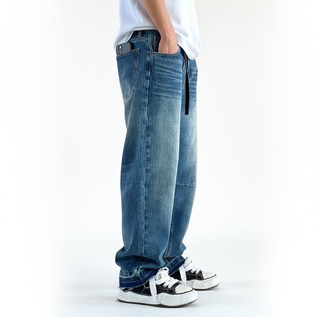 Vintage washed jeans whiskers loose denim
