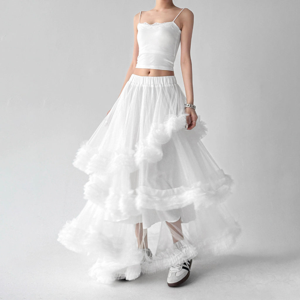 Mesh skirt female high waist multi-layered ruffled long skirt