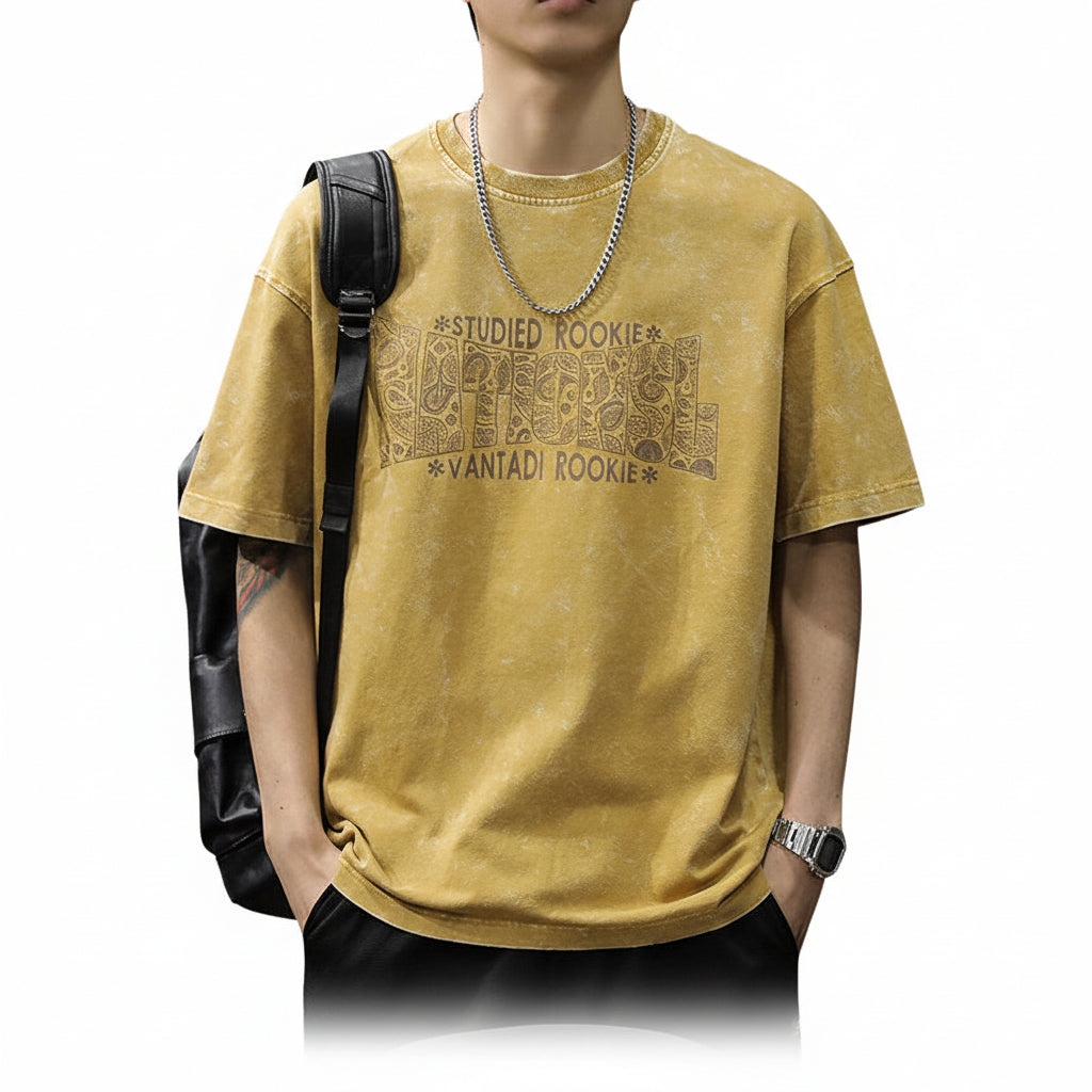 Yellow flower short-sleeved T-shirt men's loose plus-size trendy half-sleeve casual