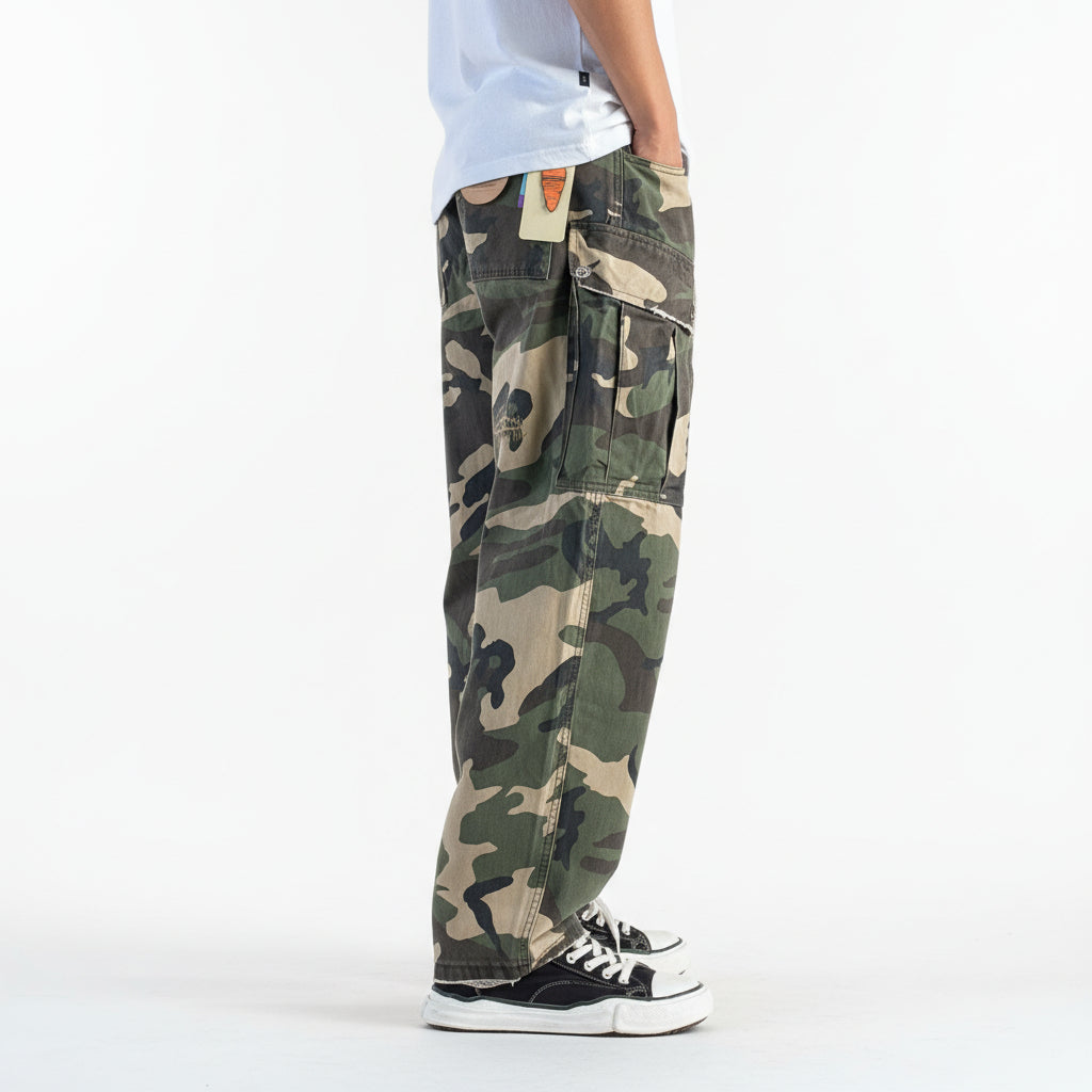 Laid-back vintage distressed camouflage cargo pants