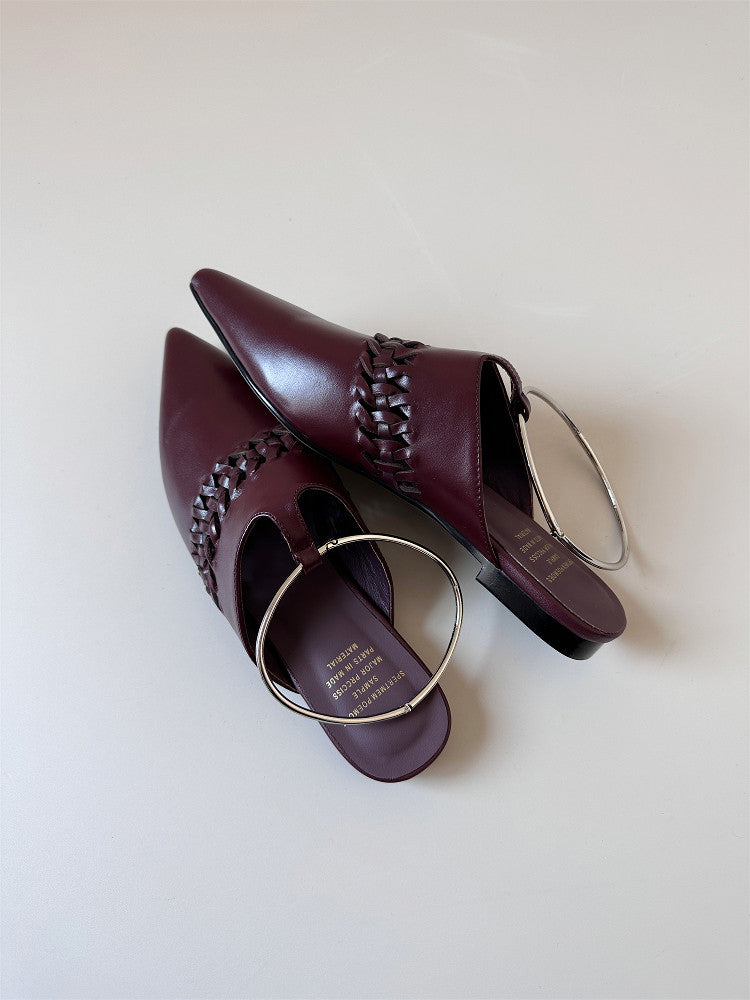 Red leather sandals women's low heels pointed shoes