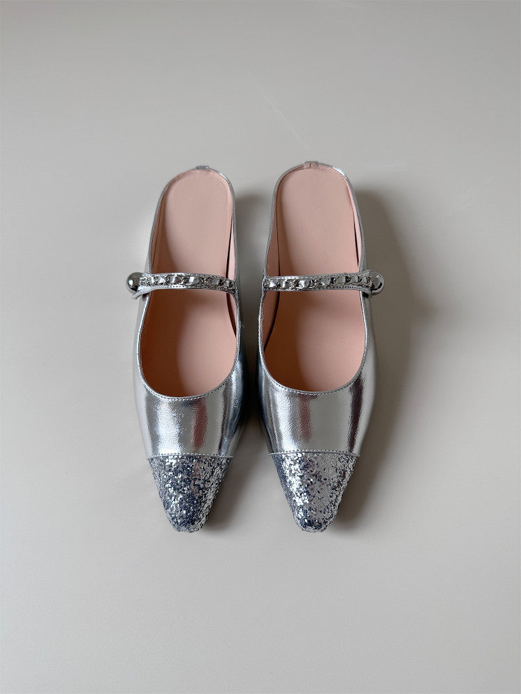 Gold sequin leather mid-heel wedge half-slipped sandals