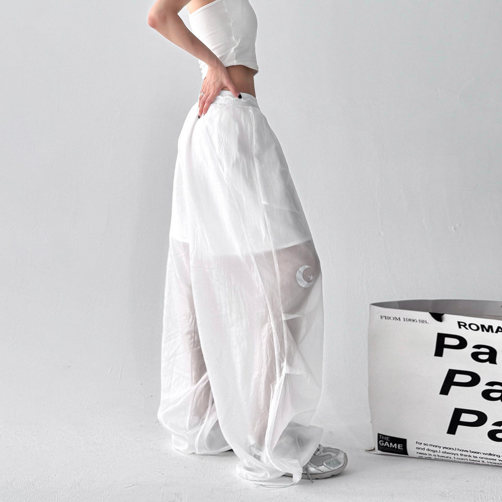 Transparent white high-waisted loose wide-leg pants