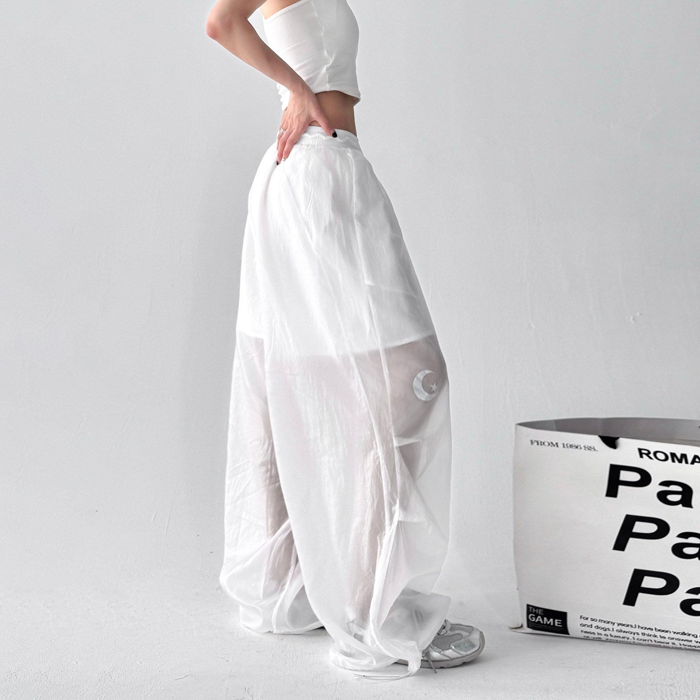 Transparent white high-waisted loose wide-leg pants