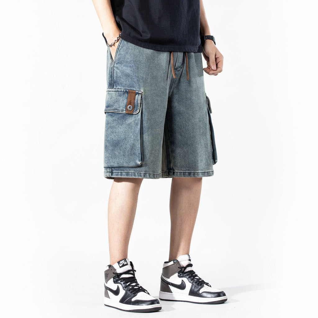 Short denim cargo men's outer pants summer multi-pocket trousers