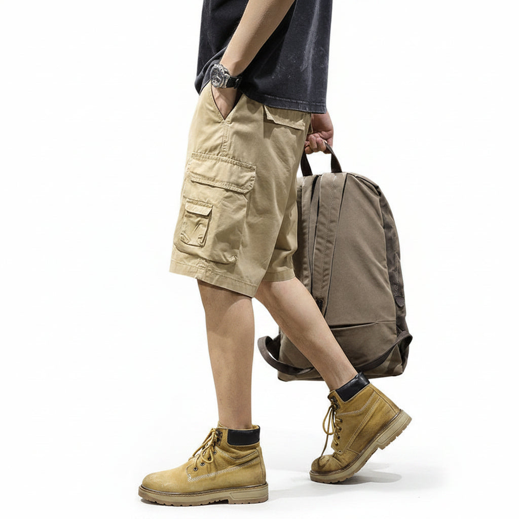 Khaki cotton cargo shorts loose pant