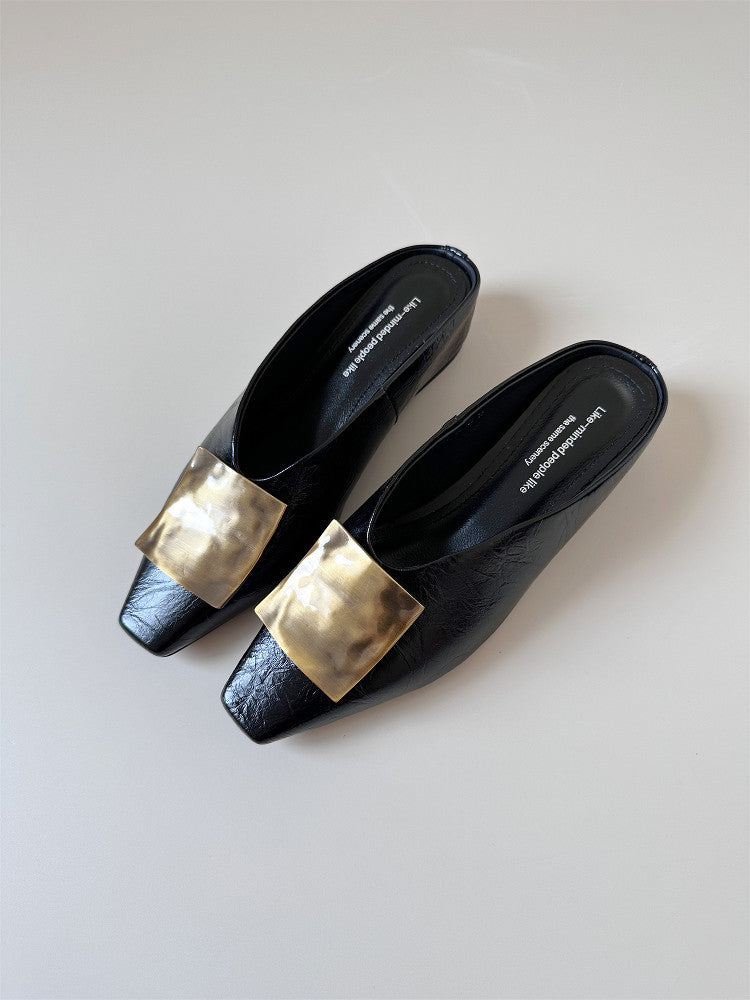 Silver square leather wedge heel half-slip sandals