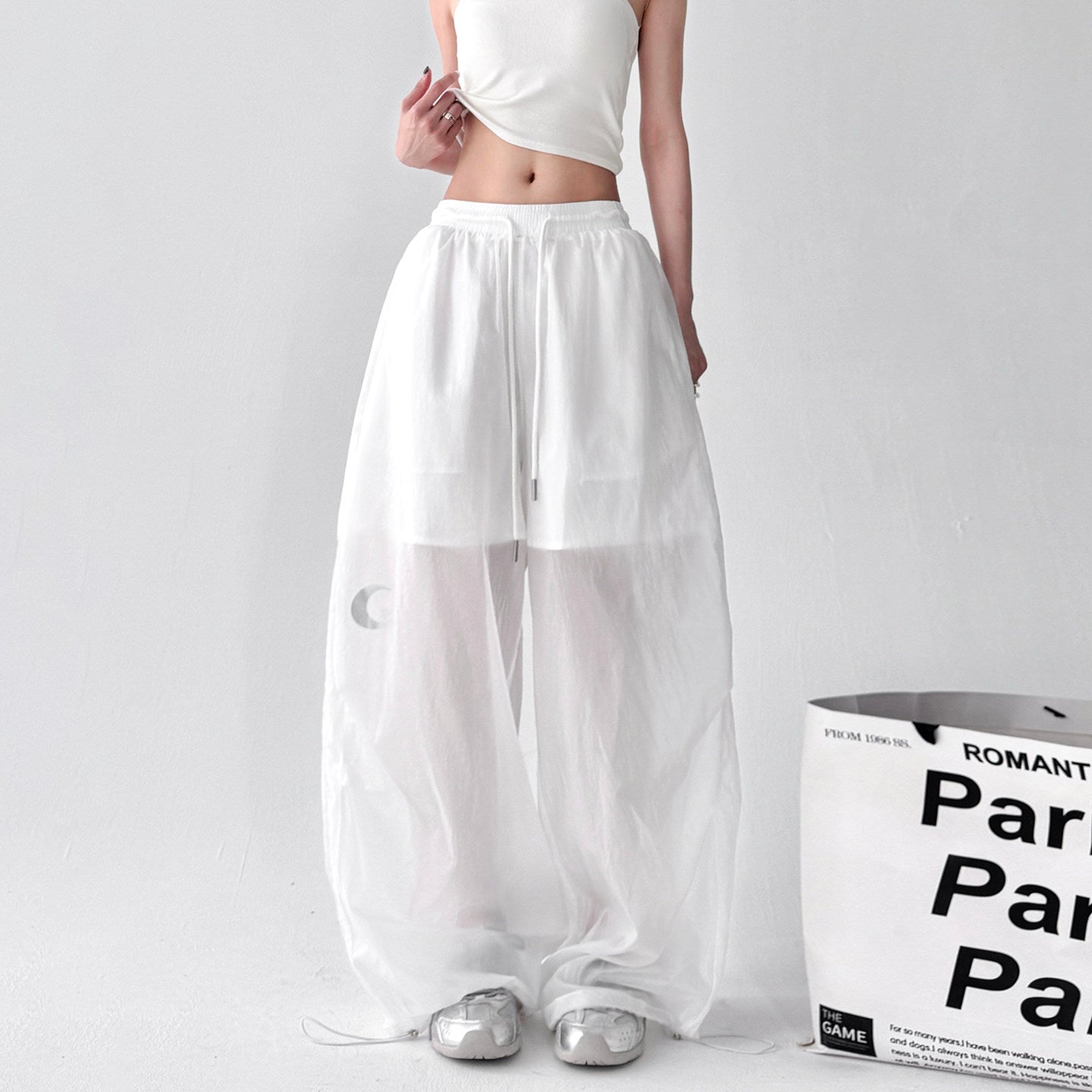 Transparent white high-waisted loose wide-leg pants