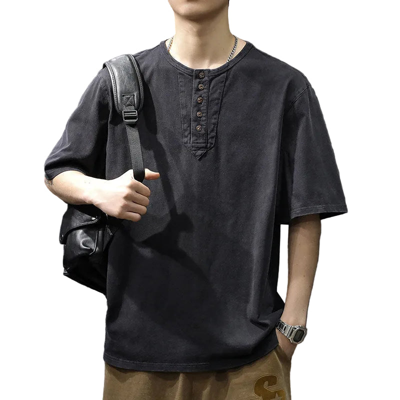 Men's Short Sleeve T-Shirt Pure Cotton Thin Henry Collar Shirt