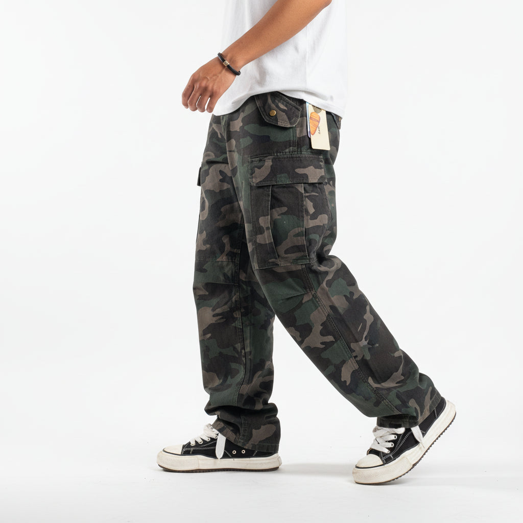 Wash loose micro-tapered camouflage cargo men pant