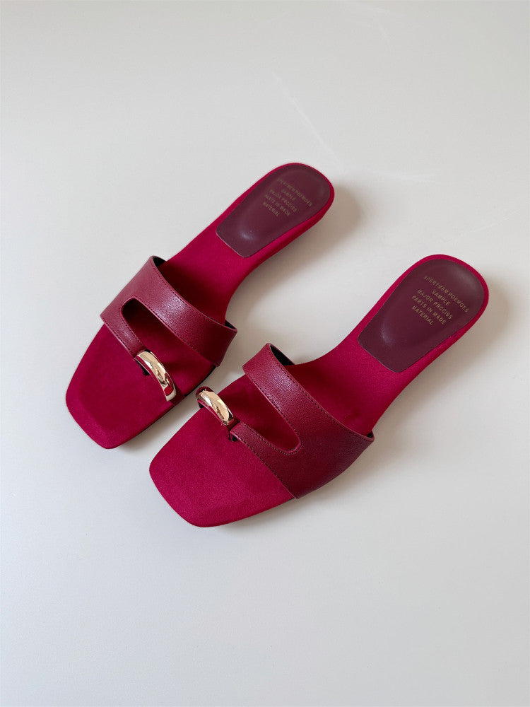 Red open toe leather low-heeled wedge women shoe