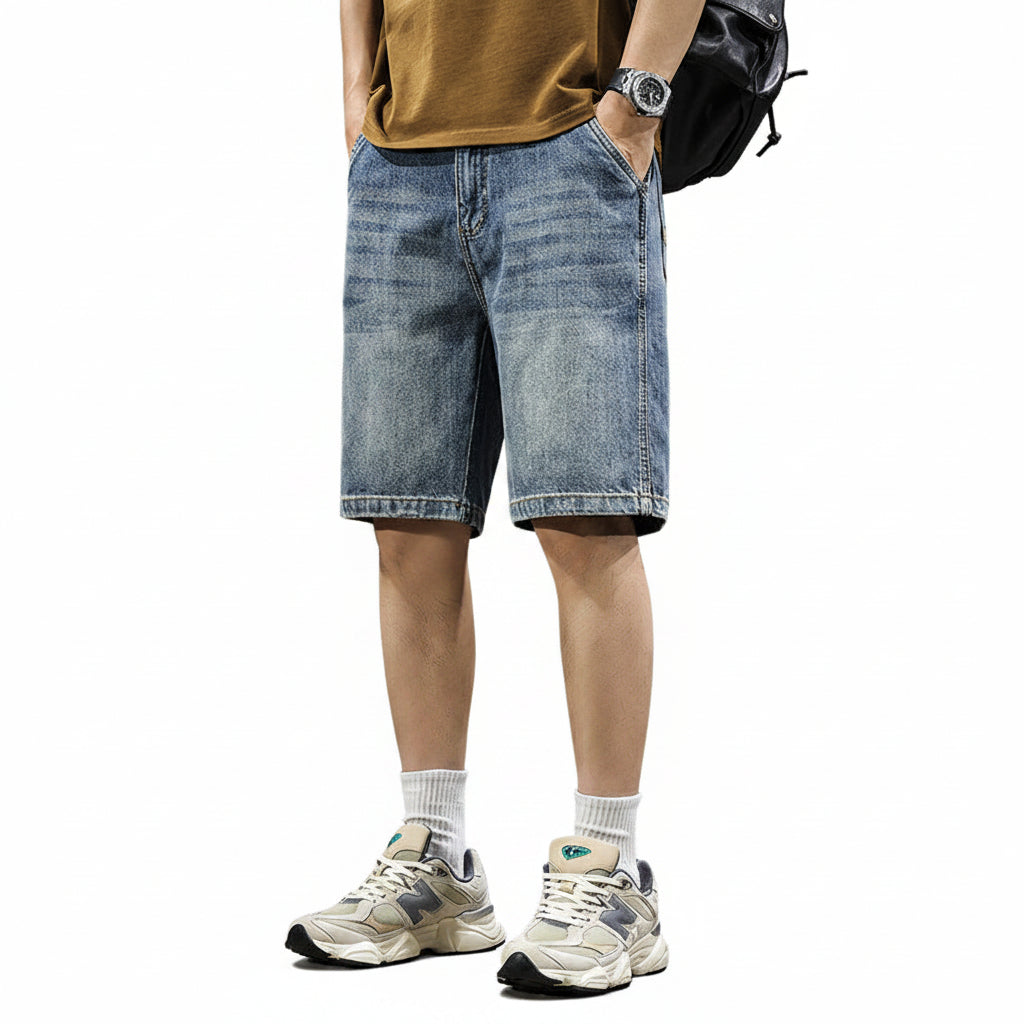 Summer new retro simple casual denim shorts men's American trend loose straight washed five-point mid pants