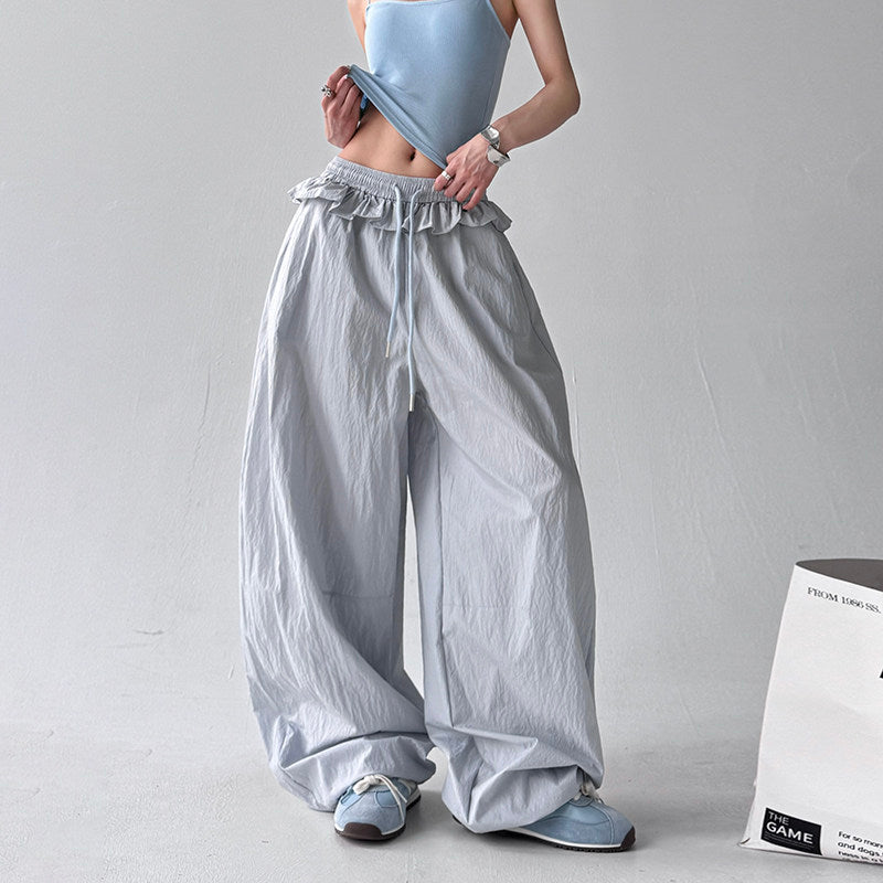 Ruffled drawstring lace-up wide-leg woman trousers