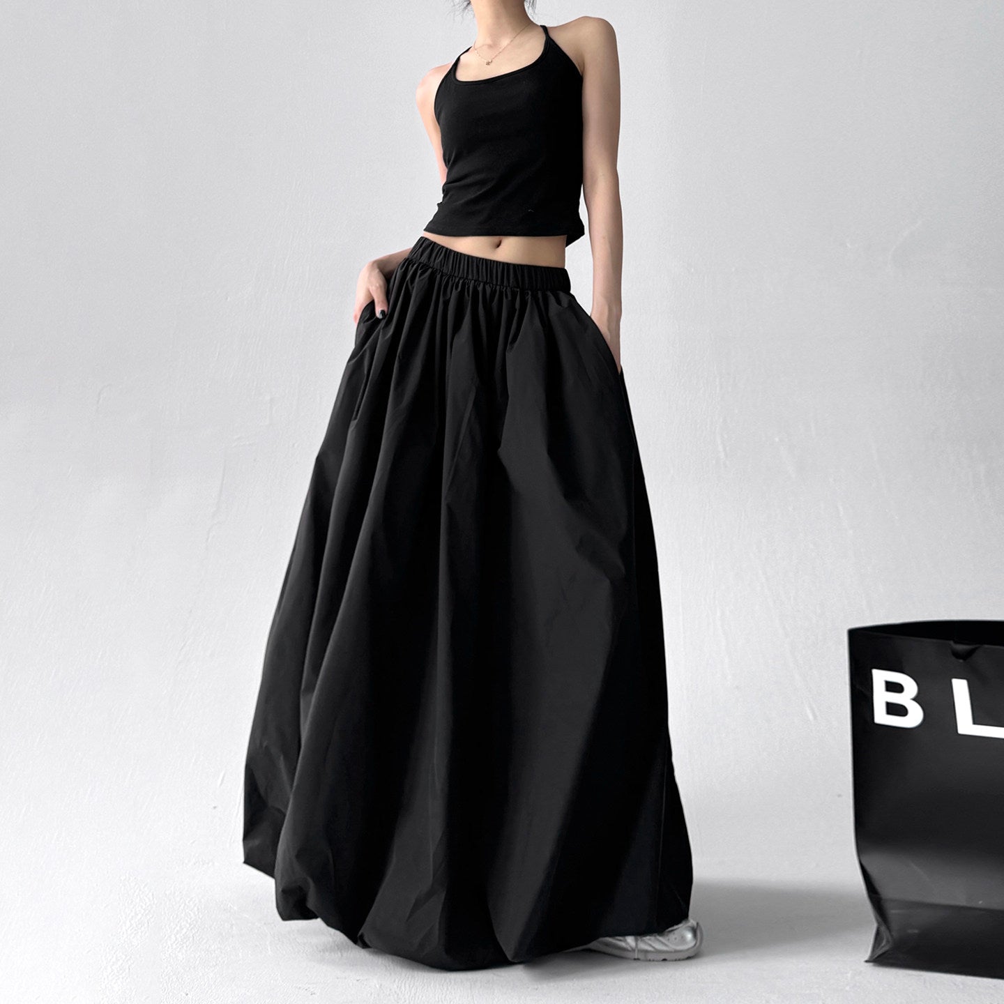 Black long skirt women's bud bobble skirt high-waisted