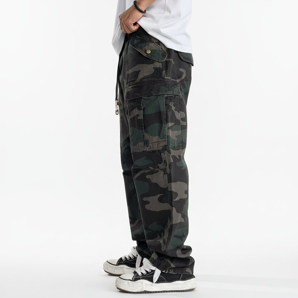 Wash loose micro-tapered camouflage cargo men pant
