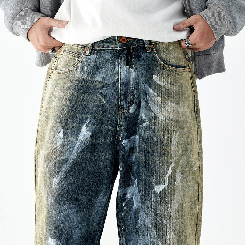 Color-blocking loose straight jeans pants