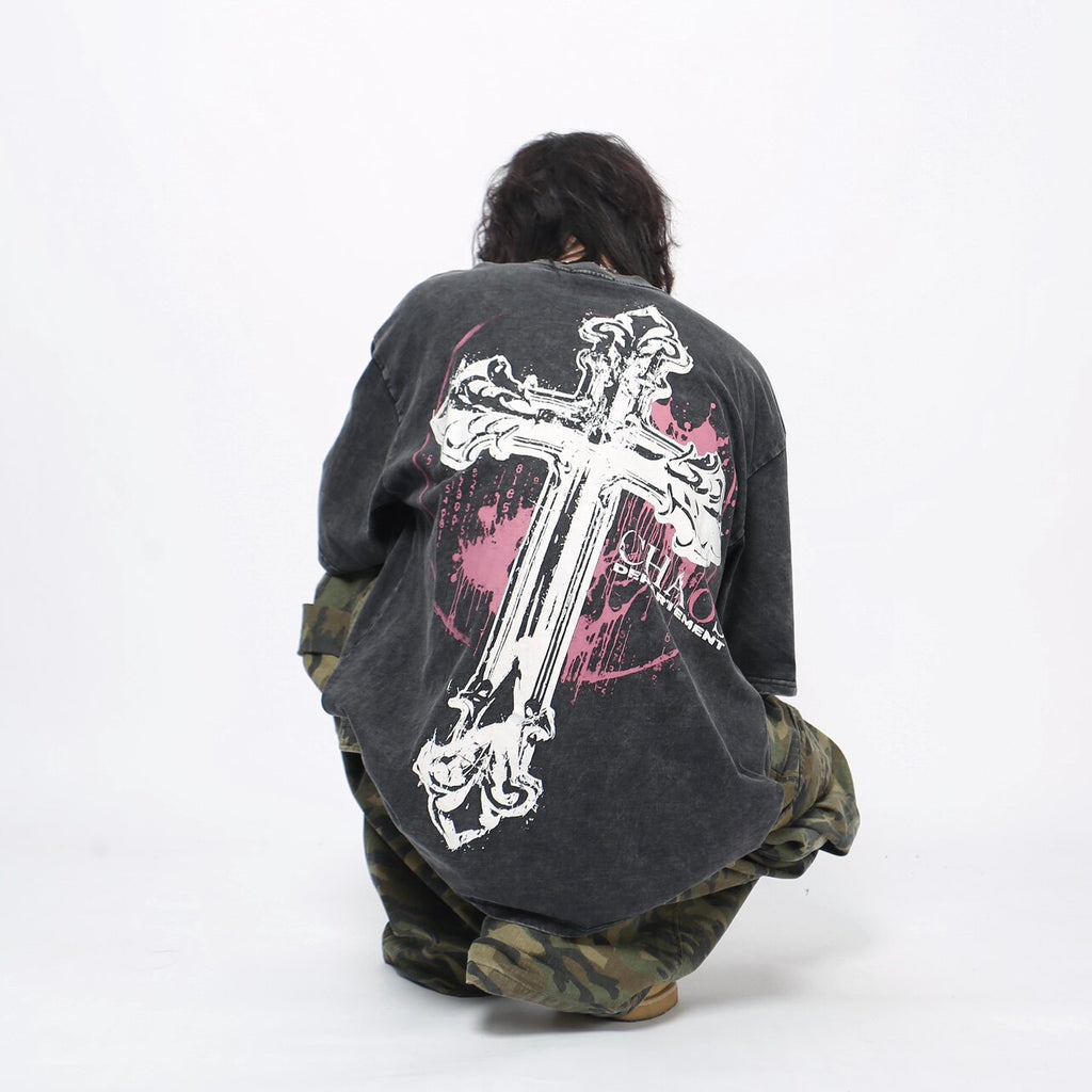 Cross distressed washed short sleeve T-shirt men's unsex tee