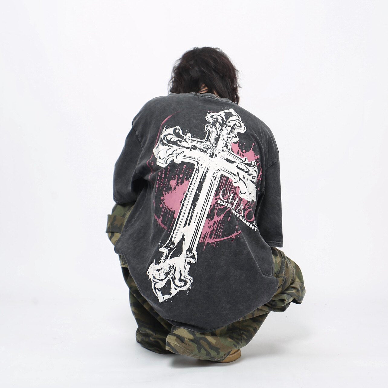 Cross distressed washed short sleeve T-shirt men's unsex tee