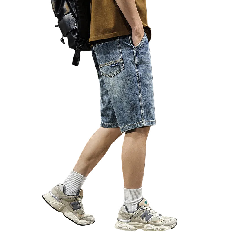 Summer new retro simple casual denim shorts men's American trend loose straight washed five-point mid pants