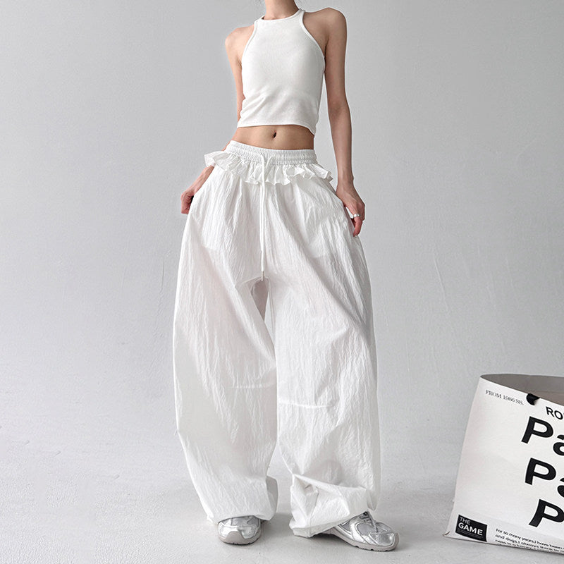 Ruffled drawstring lace-up wide-leg woman trousers