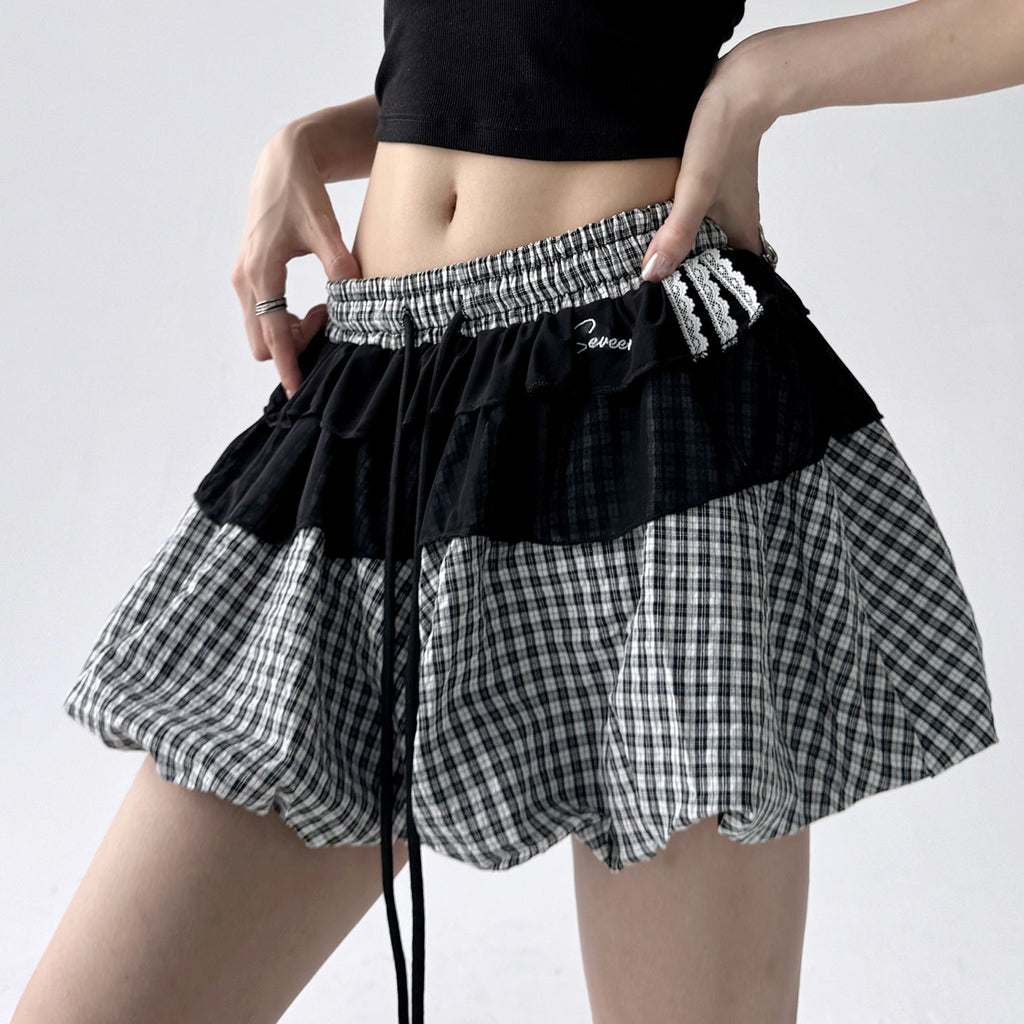 Bubble black and white skirt women's puffy pleated skirt