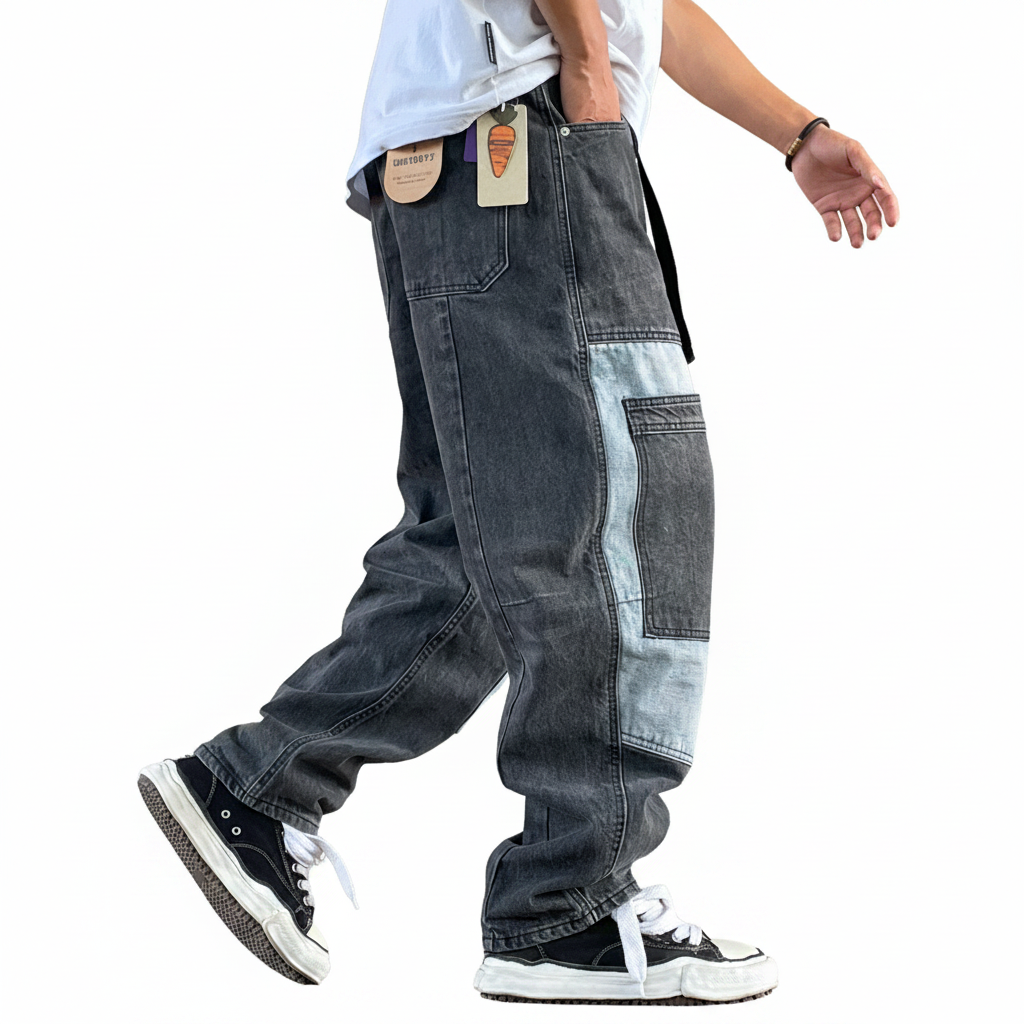 Patch panelled tapered jeans men's loose pants