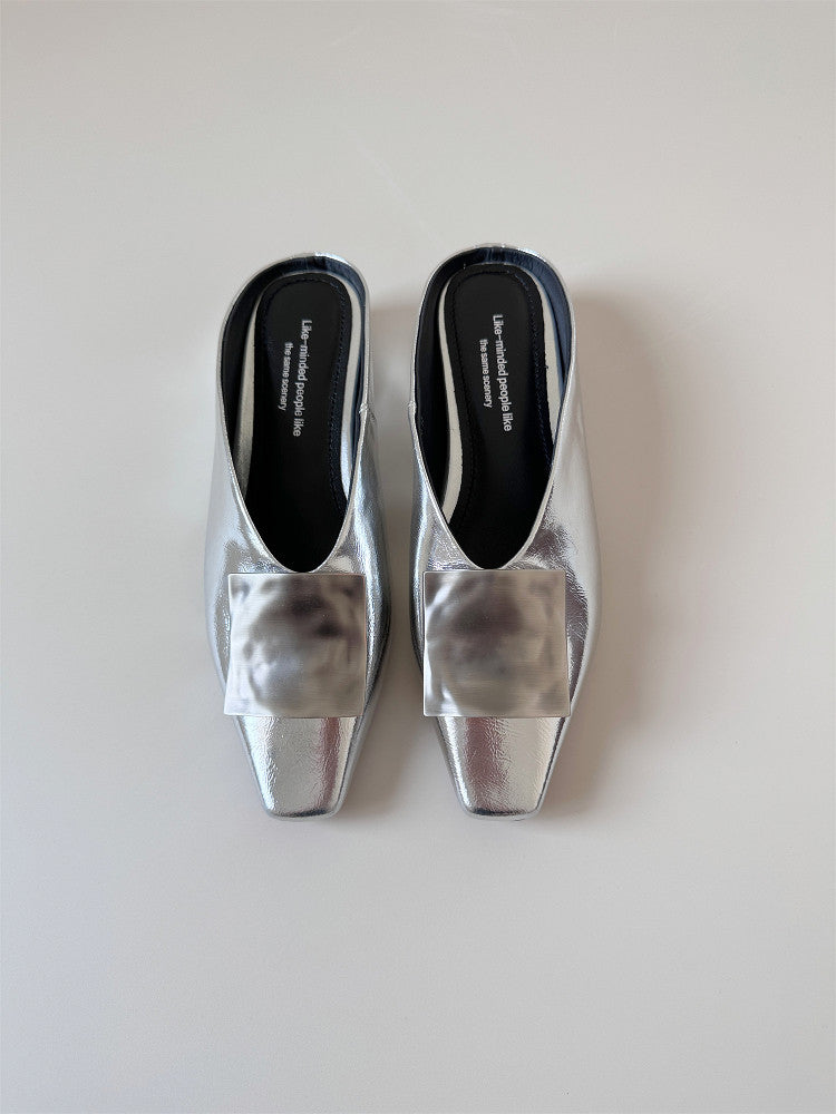 Silver square leather wedge heel half-slip sandals
