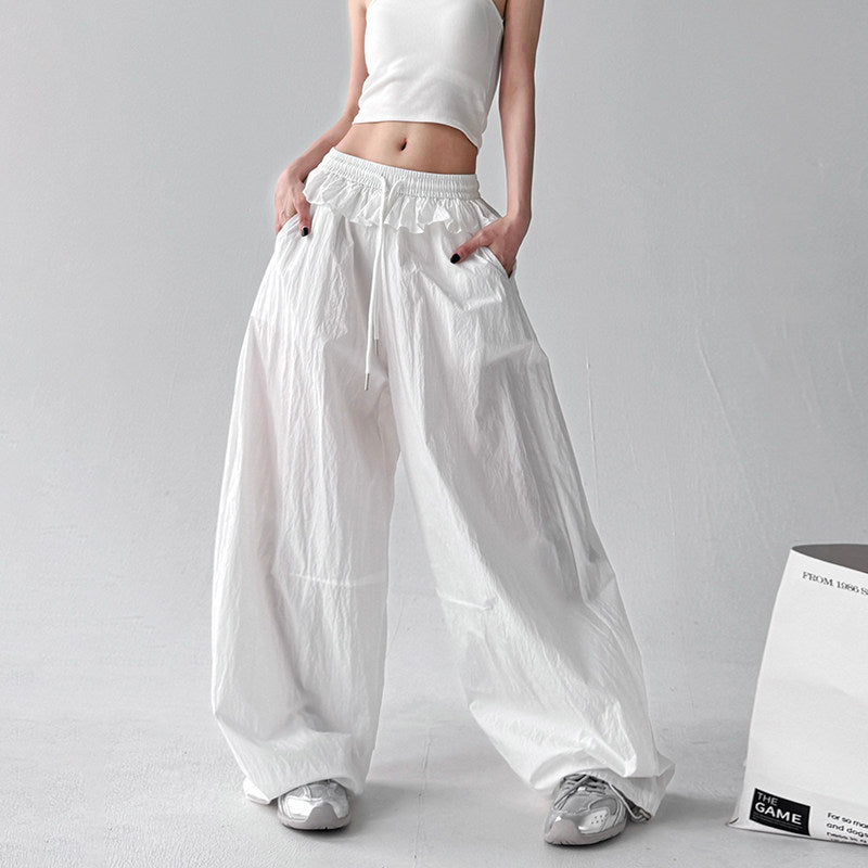 Ruffled drawstring lace-up wide-leg woman trousers