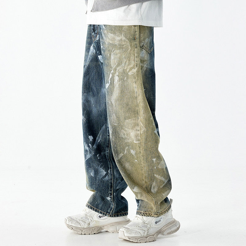 Color-blocking loose straight jeans pants