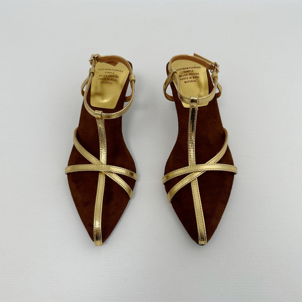 Gold thin band pointed toe 6cm wedge heel high heel sandals