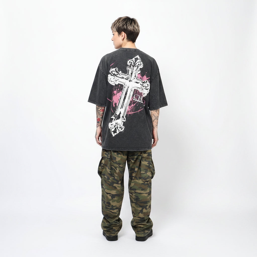 Cross distressed washed short sleeve T-shirt men's unsex tee