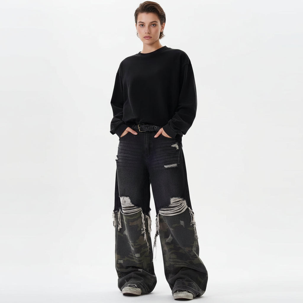 Jeans unisex loose camouflage stitching pants trousers