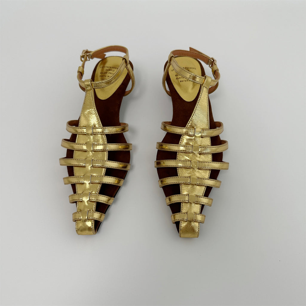 Gold mid wedge heel pointed toe sandals