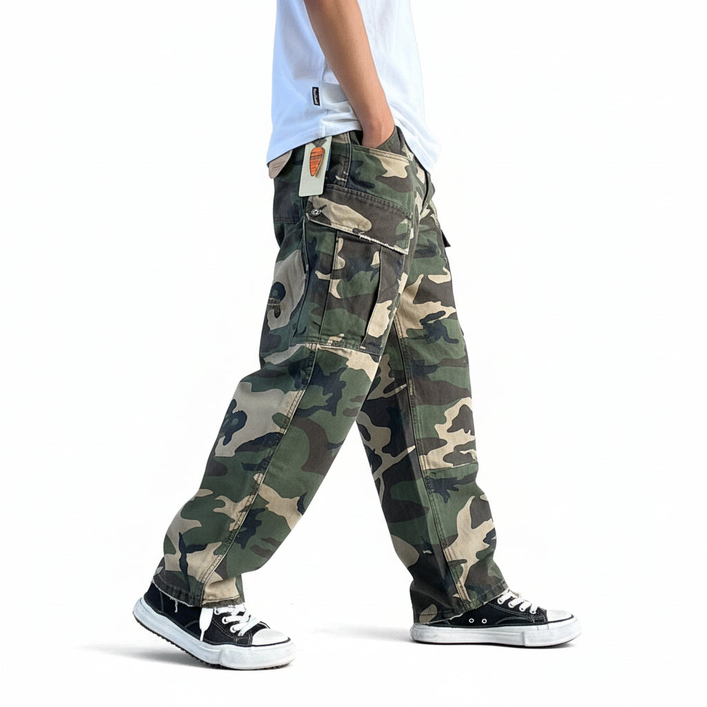 Laid-back vintage distressed camouflage cargo pants