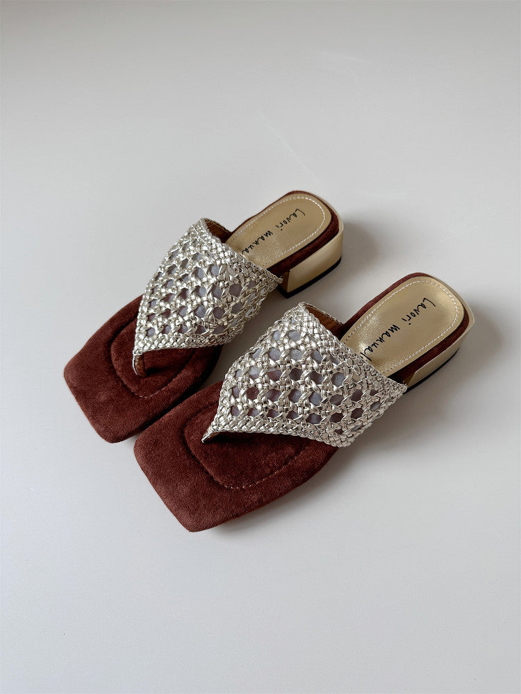 Gold braided clip toe heel sandals women's sandals