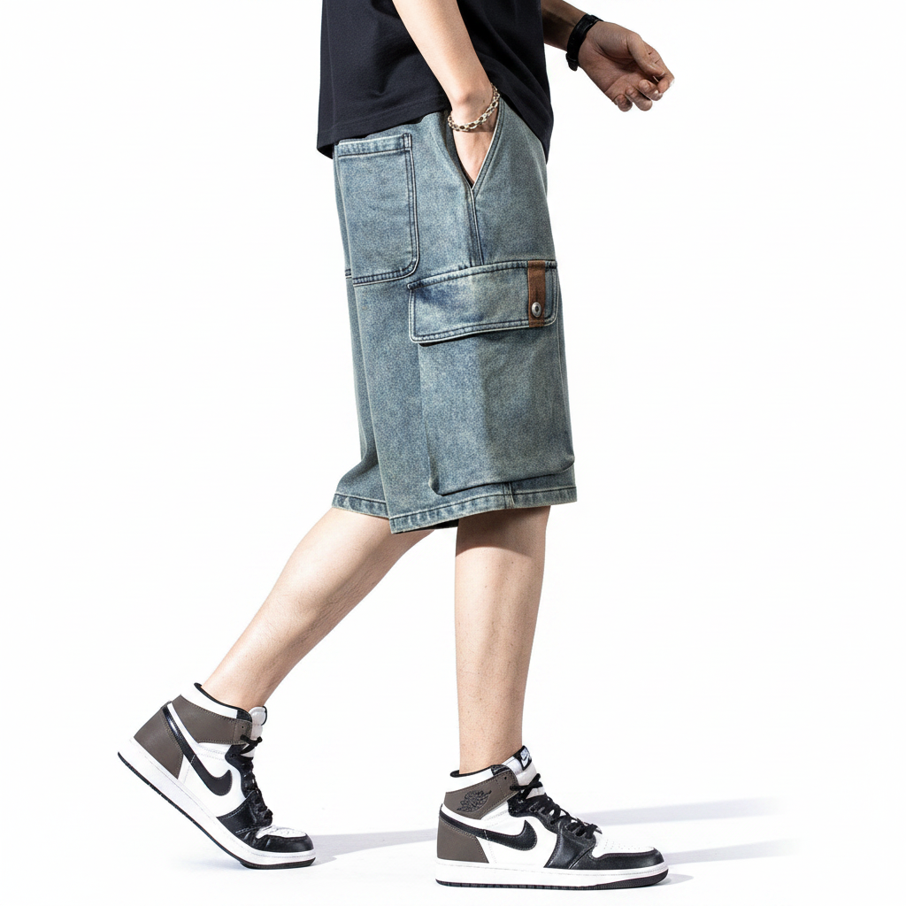Short denim cargo men's outer pants summer multi-pocket trousers