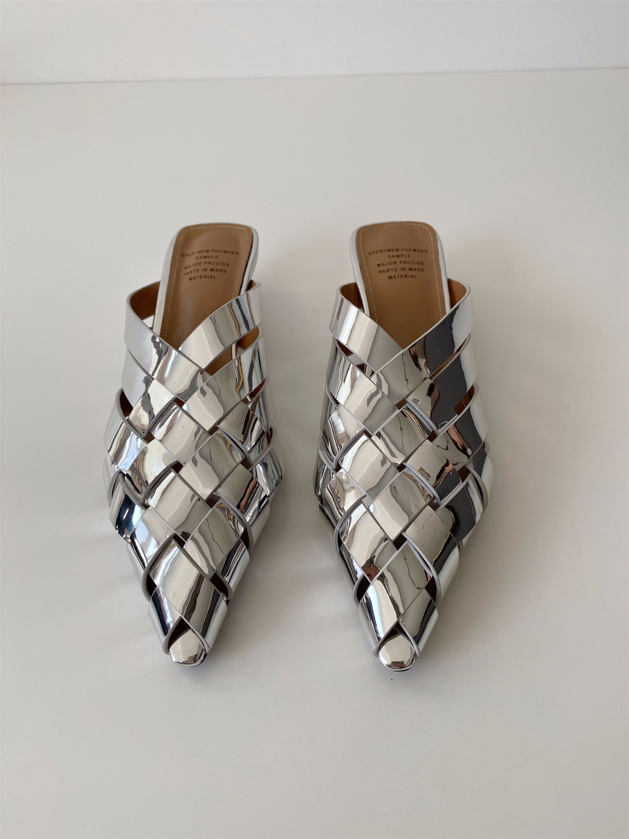 Soft silver gold pointed toe leather woven wedge slippers