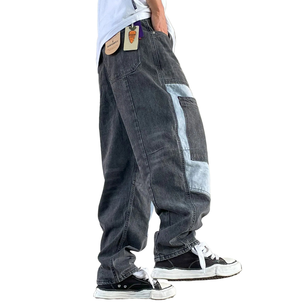 Patch panelled tapered jeans men's loose pants