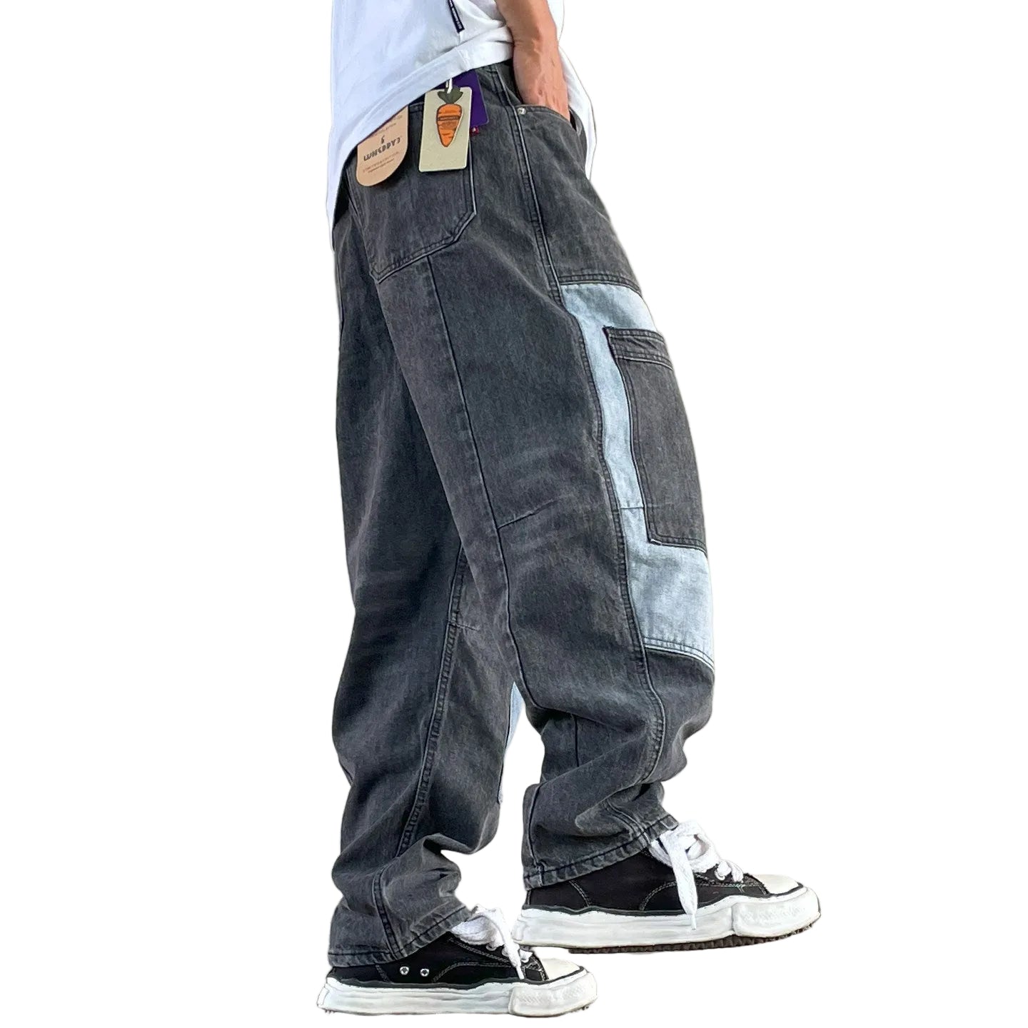Patch panelled tapered jeans men's loose pants