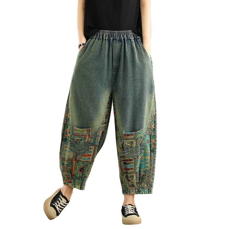 Elastic waist large size loose women cropped pants