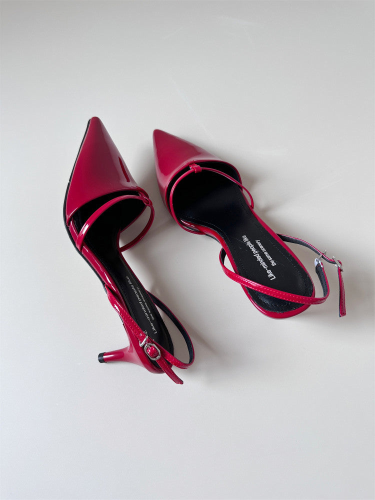 Red leather heel sandals summer pointed toe shoes