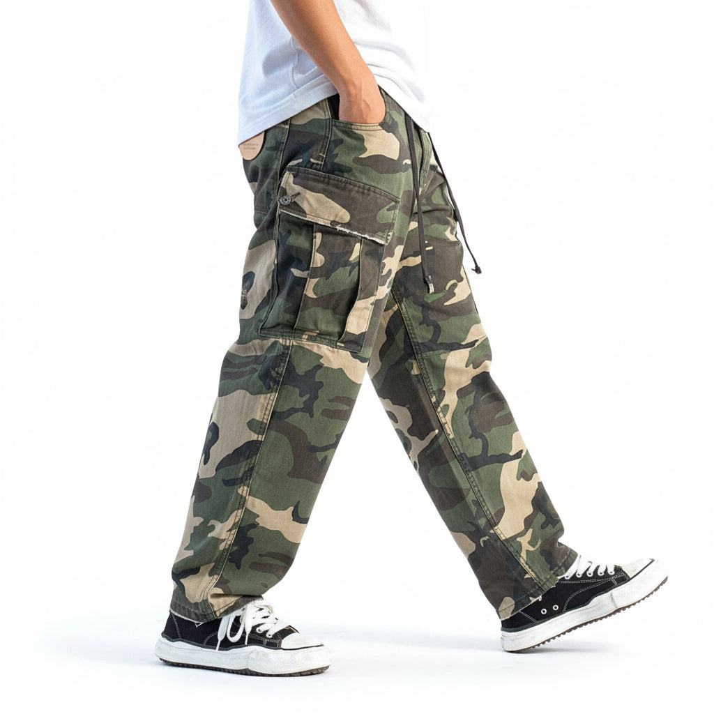 Laid-back vintage distressed camouflage cargo pants