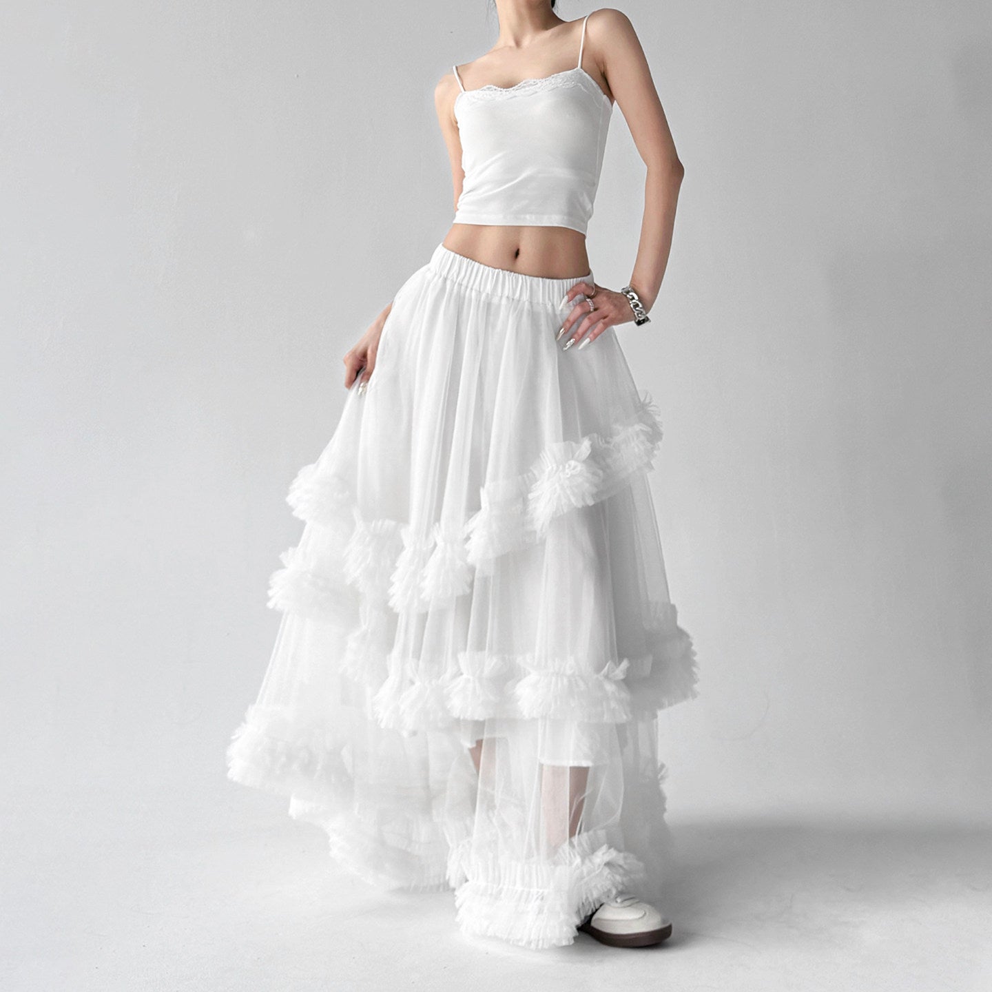 Mesh skirt female high waist multi-layered ruffled long skirt