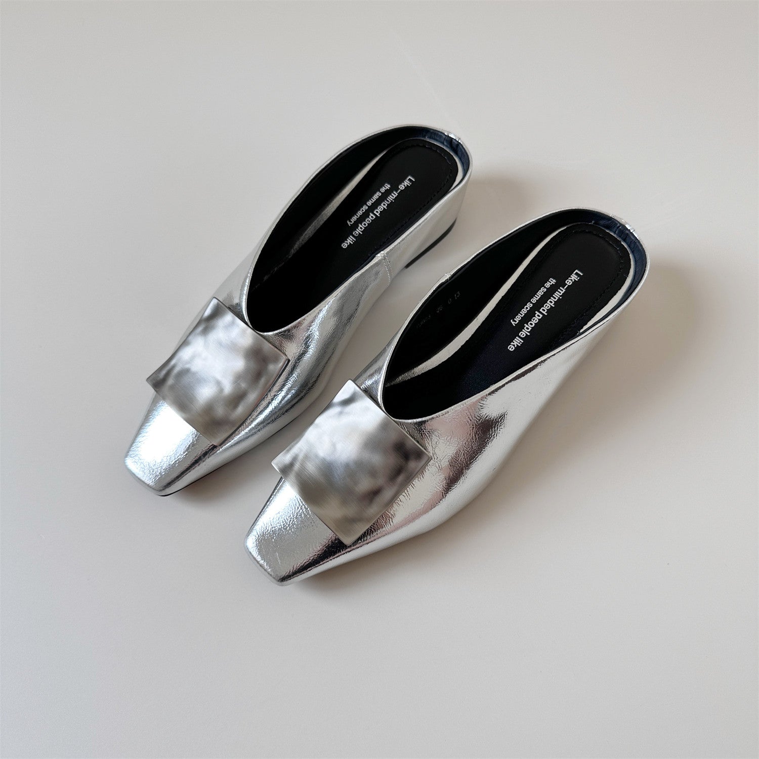 Silver square leather wedge heel half-slip sandals