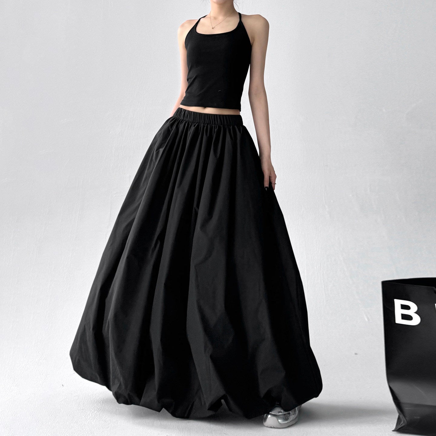 Black long skirt women's bud bobble skirt high-waisted