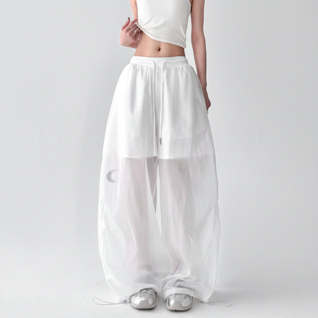 Transparent white high-waisted loose wide-leg pants