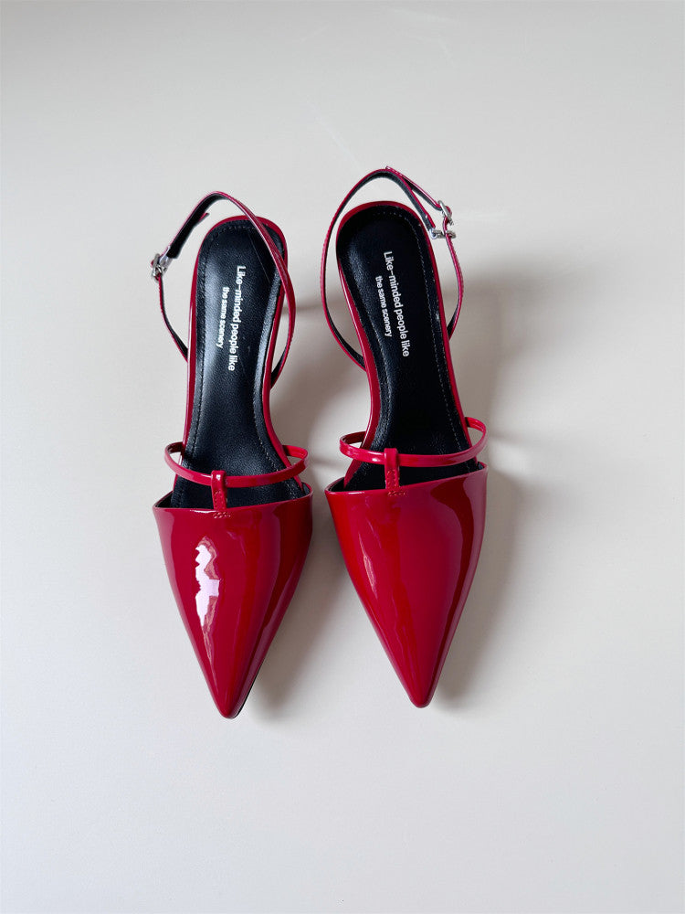 Red leather heel sandals summer pointed toe shoes