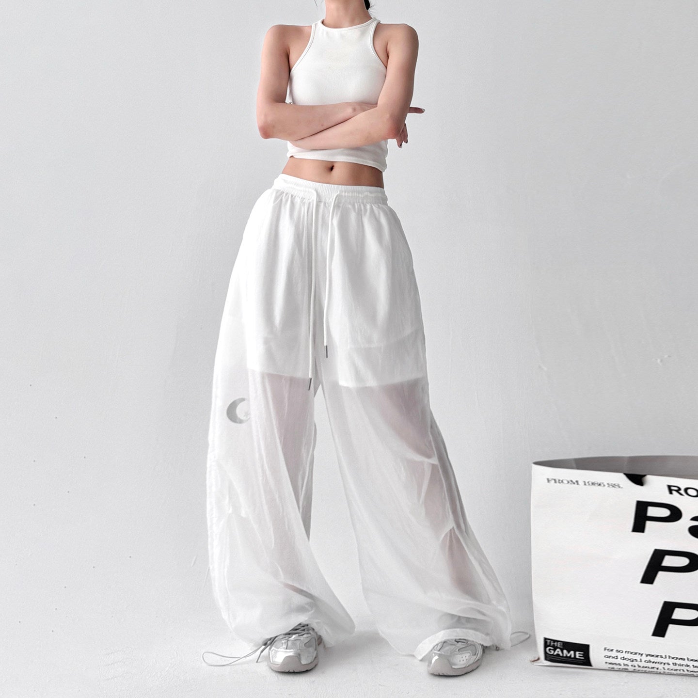 Transparent white high-waisted loose wide-leg pants